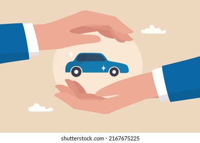 Car insurance or automobile protection, vehicle safety guard or assurance cover for transportation accident, security shield concept, businessman hand gently cover car metaphor of car insurance.