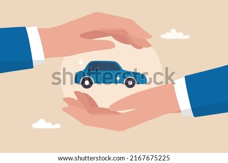 Car insurance or automobile protection, vehicle safety guard or assurance cover for transportation accident, security shield concept, businessman hand gently cover car metaphor of car insurance.