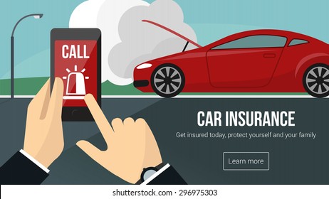 Car Insurance Banner With Man Calling Emergency Services Using A Mobile Phone And Car Accident On Background