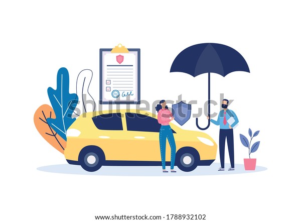 Car insurance banner\
template with agent holding an umbrella, flat vector illustration\
isolated on white background. Banner or poster for transport\
assurance agency.