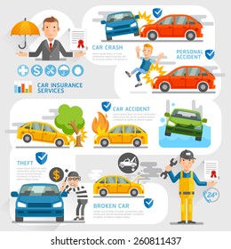 Car insurance business character and icons template. Vector illustration. Can be used for workflow layout, banner, diagram, number options, web design, timeline, infographics.