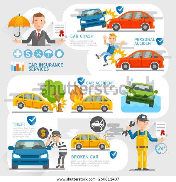 Car\
insurance business character and icons template. Vector\
illustration. Can be used for workflow layout, banner, diagram,\
number options, web design, timeline,\
infographics.