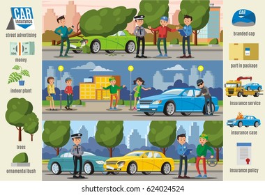 Casos de seguros de carro banners horizontais infográficos com acidente de roubo de desastres naturais e elementos de rua ilustração vetorial