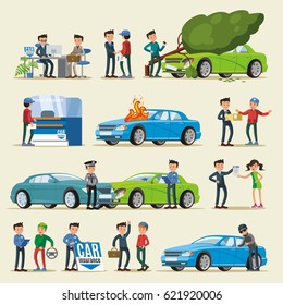 Car insurance characters set with clients agents police officers and different cases of vehicle damage isolated vector illustration
