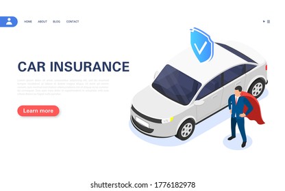 Car Insurance Concept. The Insurance Agent Guarantees Vehicle Protection. Vector Isometric Illustration.