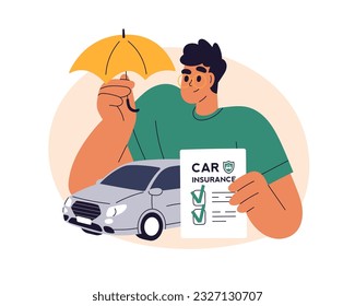 Car insurance concept. Auto risks policy, safety and protection document. Man driver, automobile owner caring about insured vehicle, transport. Flat vector illustration isolated on white background