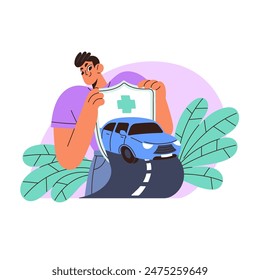 Car insurance concept. Automobile policy, assurance of rent, sale. Driver with shield sign cares about auto safety, protection for accidents. Flat isolated vector illustration on white background