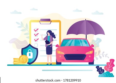 Car insurance concept. Automobile protection and safety assurance. Vehicle collision insurance. Safety from disaster. Woman clerk and contract paper form. Banner in trendy style. Vector illustration