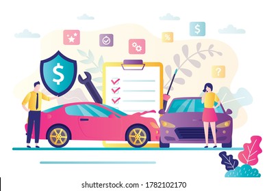 Car insurance concept. Automobile protection and safety assurance. Cars damage, safety from disaster. Salesman agent sells vehicle collision insurance to woman driver. Trendy flat vector illustration