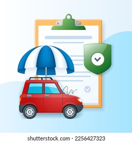 Car insurance concept. Checklist and shield icons. Auto care and protection banner. Web vector illustrations in 3D style