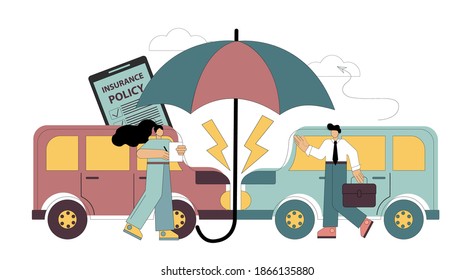 Car insurance concept. Compensation for damage to vehicles. Sale of insurance. Insurance agents. Vector flat illustration on white background