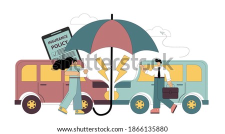 Car insurance concept. Compensation for damage to vehicles. Sale of insurance. Insurance agents. Vector flat illustration on white background