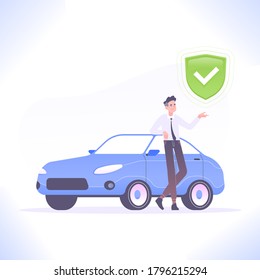 Seguro de coche. Un joven confiado se inclina hacia su auto y señala el escudo de protección. Concepto de seguridad del automóvil, ilustración vectorial