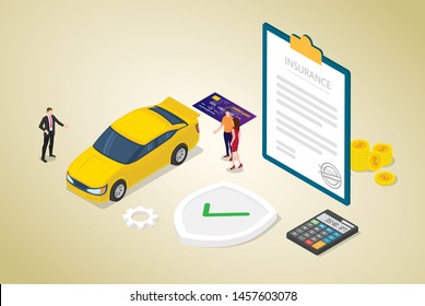 car insurance concept with car and contract paper with team people and modern isometric flat style - vector