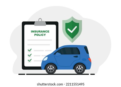 Car insurance concept. Car insurance coverage protection contract document with shield or auto vehicle guarantee assurance legal doc policy. Automobile warranty safety agreement. Vector illustration