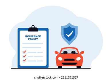 Car Insurance Concept. Car Insurance Coverage Protection Contract Document With Shield Or Auto Vehicle Guarantee Assurance Legal Doc Policy. Automobile Warranty Safety Agreement. Vector Illustration