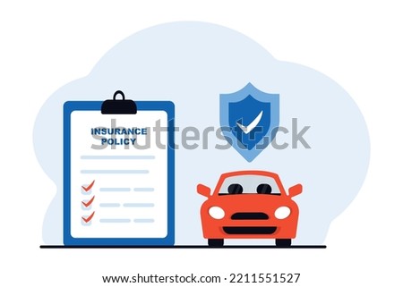 Car insurance concept. Car insurance coverage protection contract document with shield or auto vehicle guarantee assurance legal doc policy. Automobile warranty safety agreement. Vector illustration