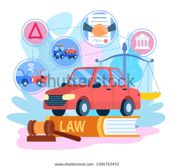 Car Insurance Concept. Crush, Car Accident.\
Traffic Sign, Contract and Handshake Icons. Justice Scales. Vehicle\
on Civil Law. Gavel, Lawyer Services. Law Protection. Vector EPS\
10. White Background.