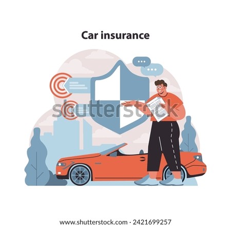 Car insurance concept. Driver examines vehicle protection plan, ensuring safety on the road. Comprehensive auto coverage in urban setting. Flat vector illustration.