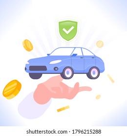 Car insurance concept. Hand holds car with protection shield over it and money near them. Concept of automobile protection, vector illustration