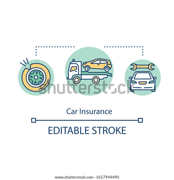 Car insurance concept icon. Accident recovery.\
Automobile repair. Dealership for property owners. Vehicle fix idea\
thin line illustration. Vector isolated outline RGB color drawing.\
Editable stroke