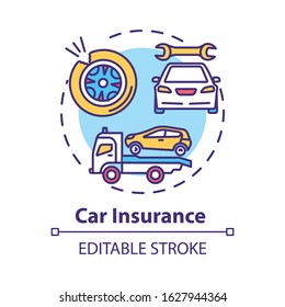 Car insurance concept icon. Auto wreck. Collision damage. Accident coverage. Personal property fix idea thin line illustration. Vector isolated outline RGB color drawing. Editable stroke