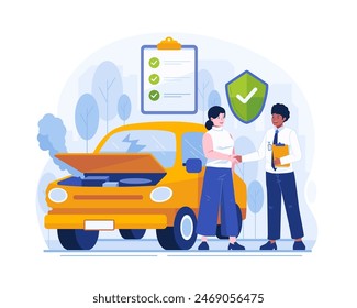 Car Insurance Concept Illustration. A Girl With Her Damaged Car Agrees to Get Insurance Coverage From a Male Agent