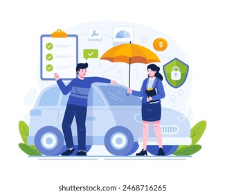 Car Insurance Concept Illustration. A Male Car Owner With His Car Under an Umbrella Held by a Female Insurance Agent. Accident Protection for Vehicles, Safety Assurance Service