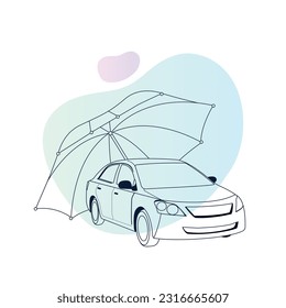 Car insurance concept Line Art. Umbrella that protects automobile.