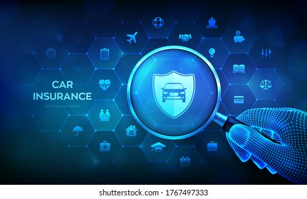 Car Insurance Concept with magnifier in hand. Car protection and safety assurance. Magnifying glass and infographic on virtual screen. Vector illustration.