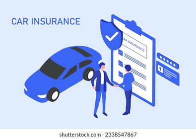 Car insurance concept .Man deal with insurance agent and signing form vector illustration