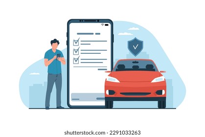 Seguro de coche. Un hombre establece una póliza de seguro para un auto en línea en un smartphone. Ilustración vectorial.