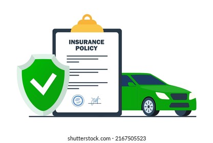 Car insurance concept. Insurance policy on clipboard and car. Document report with shield and automobile. Vector illustration