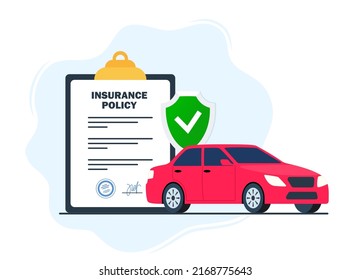 Car insurance concept. Insurance policy on clipboard and car. Document report with shield and automobile. Vector illustration