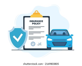 Car insurance concept. Insurance policy on clipboard and car. Document report with shield and automobile. Vector illustration