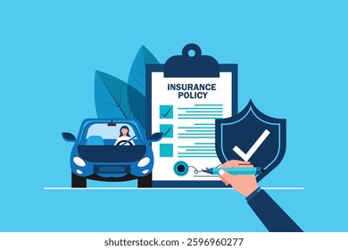 Car insurance concept. Insurance policy on clipboard and car. Document report with shield and automobile