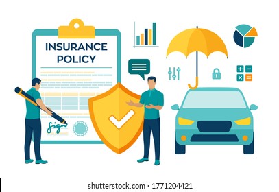 Car Insurance Concept. Car protection and safety assurance. Vehicle collision insurance. Safety from disaster. Colourful flat style vector illustration with characters and icons.