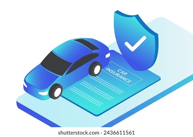 Autoversicherungskonzept. Auto mit Schutzschild und Versicherungspolice. Schutz vor Unfall und Beschädigung Vektor-Illustration.