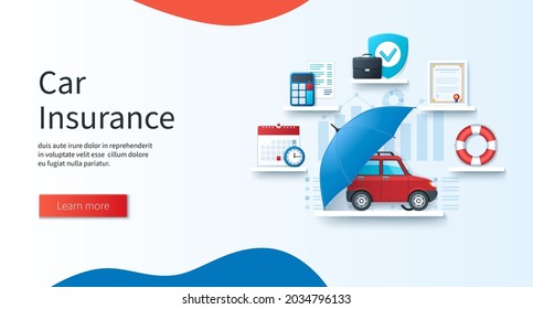 Car insurance concept. Schedule, calculation, guarantee, certificate, support icons. Auto care and protection banner. Web vector illustrations in 3D style