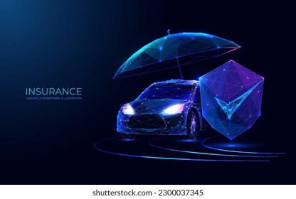 Car insurance concept. Car, umbrella and shield. You can use it for, banner, poster, landing page, template, ui, web, homepage and flyer. Modern technology style. Polygonal 3D vector illustration.