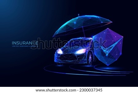 Car insurance concept. Car, umbrella and shield. You can use it for, banner, poster, landing page, template, ui, web, homepage and flyer. Modern technology style. Polygonal 3D vector illustration.