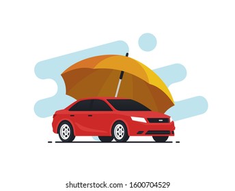 Car Insurance Concept. Umbrella That Protects Automobile. Insurance Policy. Vector Illustration In Flat Style.