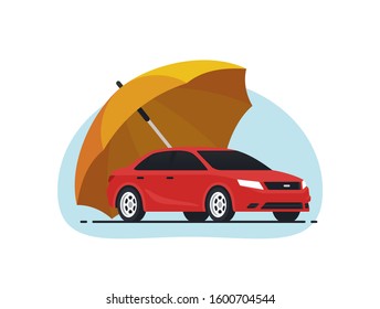 Car insurance concept. Umbrella that protects automobile. Insurance policy. Vector illustration in flat style.