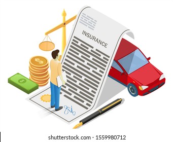 Car insurance concept vector illustration. Isometric composition with auto insurance policy, money, male cartoon character for poster, banner, website page etc.