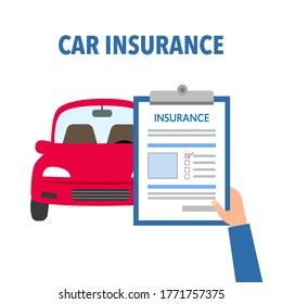 Car insurance concept vector illustration on white background. Hand holding insurance policy and contact.