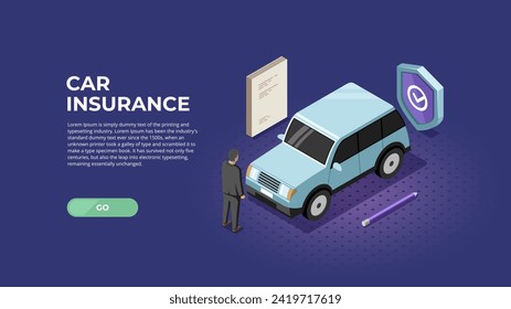 Car insurance concept. For web banner, infographics. Flat isometric vector illustration