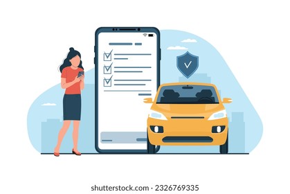 Seguro de coche. Una mujer establece una póliza de seguro para un auto en línea en un smartphone. Ilustración vectorial.