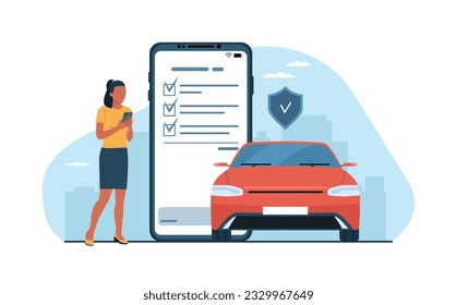 Car insurance concept. A young dark-skinned woman draws up an insurance policy for a car online on a smartphone. Vector illustration.