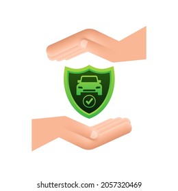 Car insurance contract document over hands. Shield icon. Protection. Vector stock illustration.