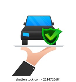 Kfz-Versicherungsvertrag über Händen. Schild Symbol. Schutz. Vektorgrafik.